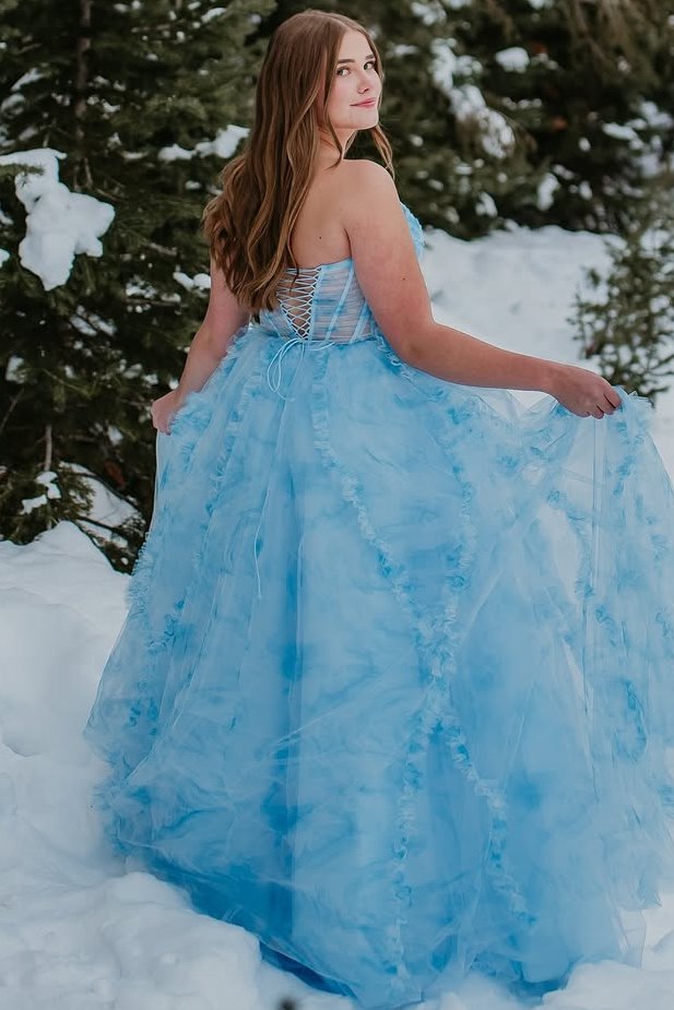 Cute A-Line Blue Printing Strapless Empire-Waist Ruffles Long Prom Dress