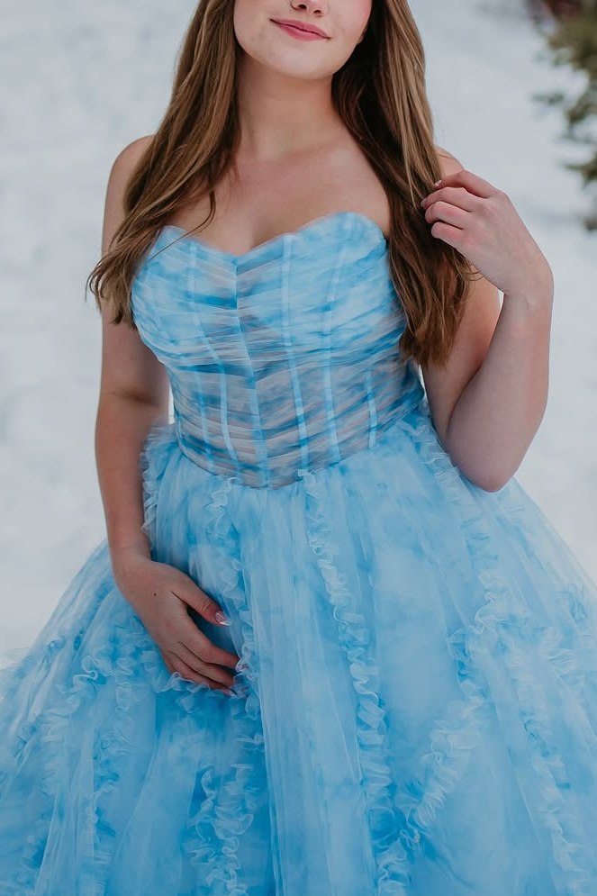 Cute A-Line Blue Printing Strapless Empire-Waist Ruffles Long Prom Dress