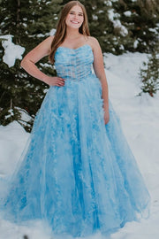 Cute A-Line Blue Printing Strapless Empire-Waist Ruffles Long Prom Dress