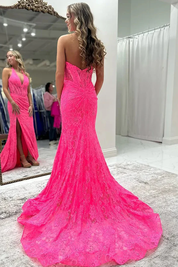 Pink Halter V-Neck Lace Pleats Side Slit Mermaid Prom Dress with Train Modsele Pink Halter V-Neck Lace Pleats Side Slit Mermaid Prom Dress with Train Modsele