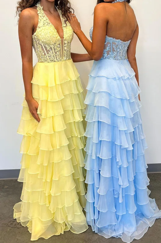 Halter A-Line V-Neck Empire-Waist Layered Chiffon Prom Dress  Modsele