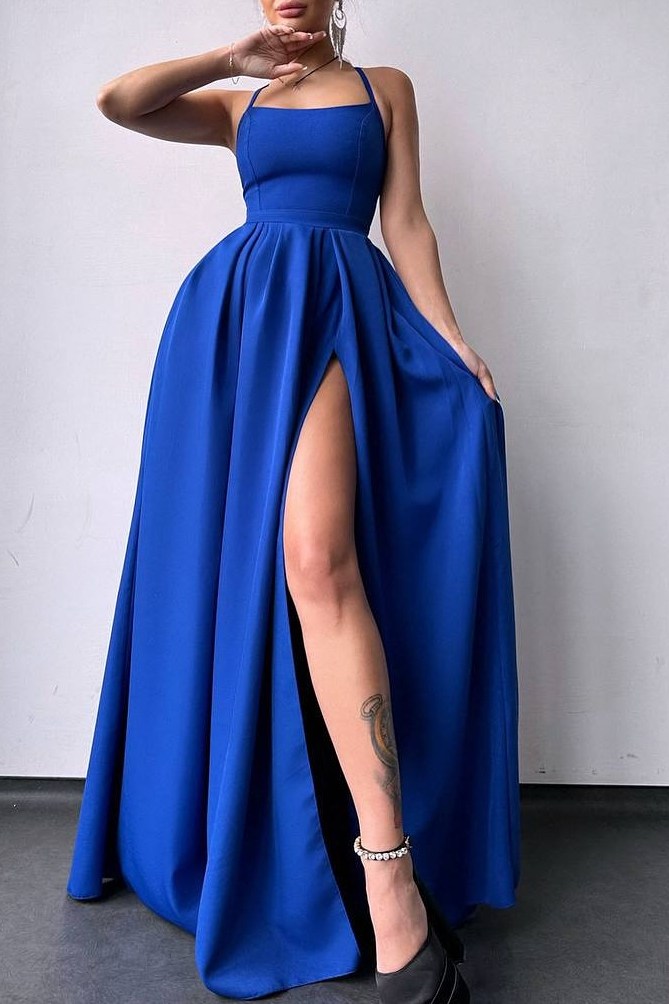 Satin Spaghetti Straps A-Line Scoop Pleated Formal Prom Dress with Slit