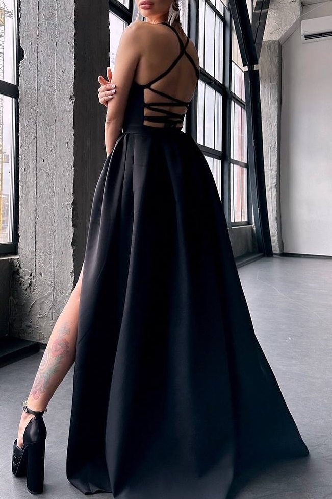 Satin Spaghetti Straps A-Line Scoop Pleated Formal Prom Dress with Slit