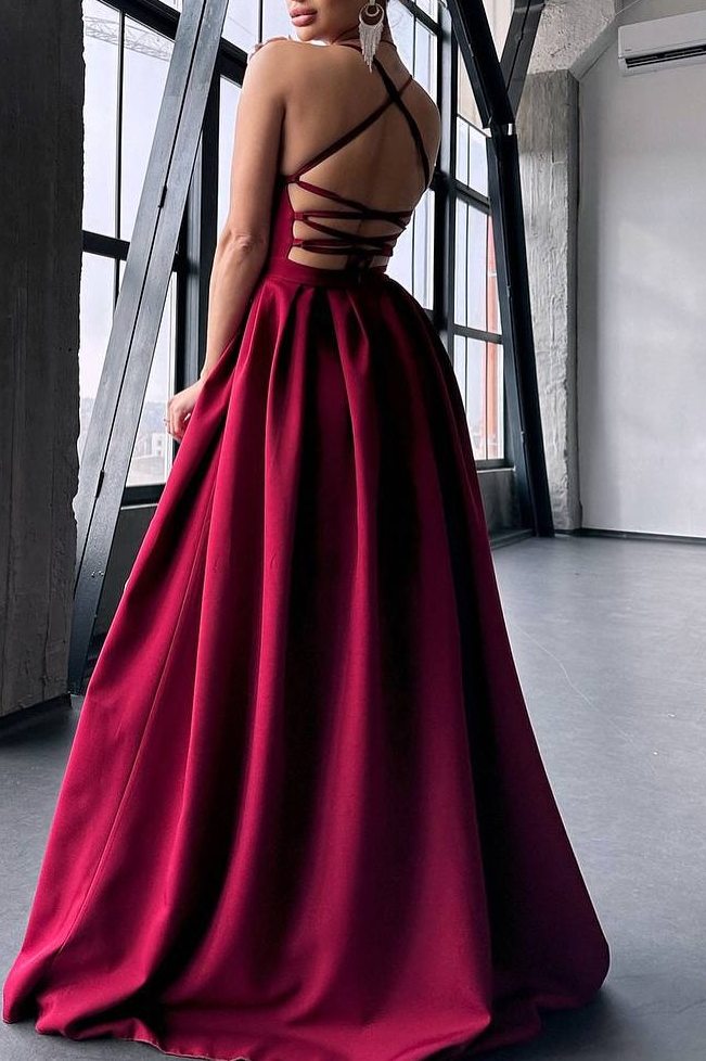 Satin Spaghetti Straps A-Line Scoop Pleated Formal Prom Dress with Slit