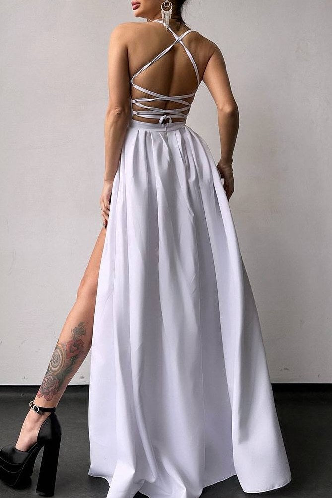 Satin Spaghetti Straps A-Line Scoop Pleated Formal Prom Dress with Slit