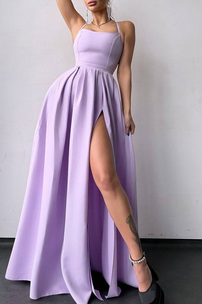 Satin Spaghetti Straps A-Line Scoop Pleated Formal Prom Dress with Slit