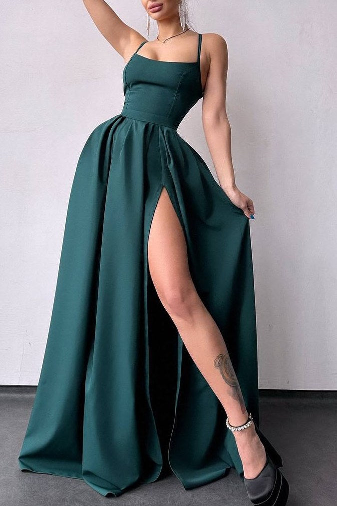 Satin Spaghetti Straps A-Line Scoop Pleated Formal Prom Dress with Slit