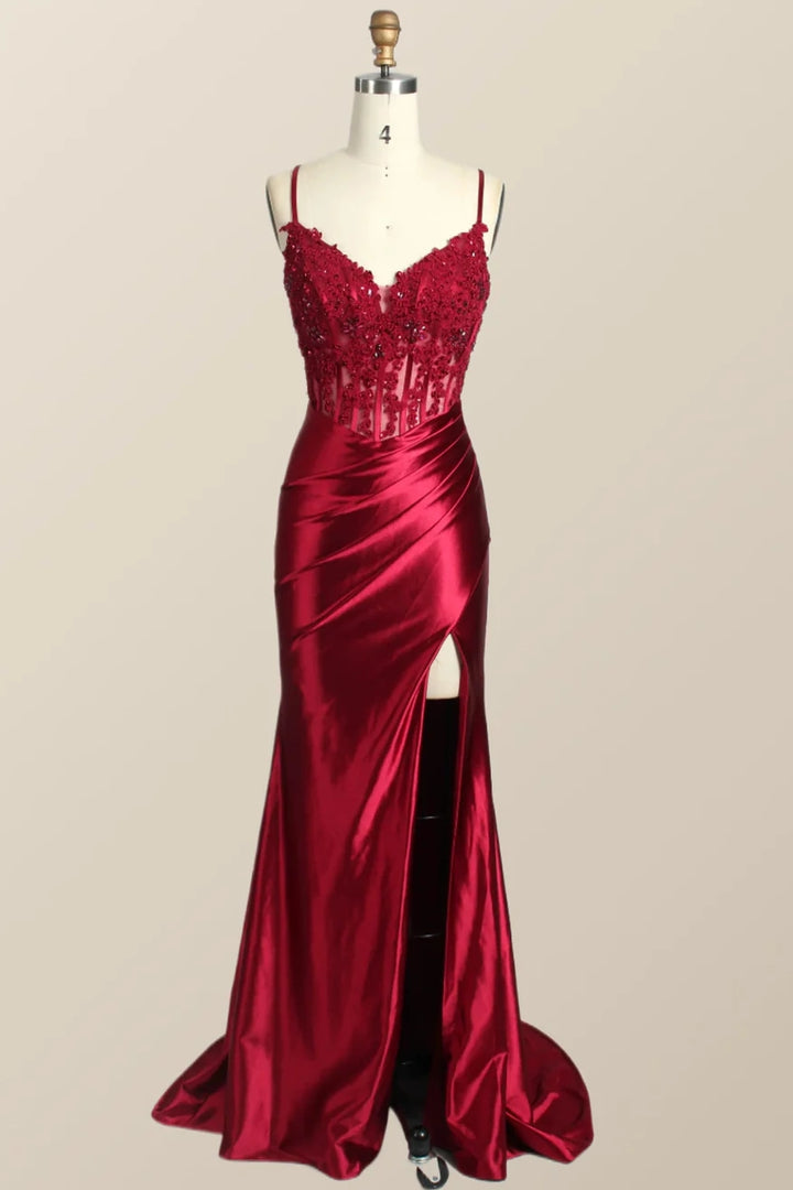Spaghetti Straps V-Neck Appliques Pleated Mermaid Prom Dress