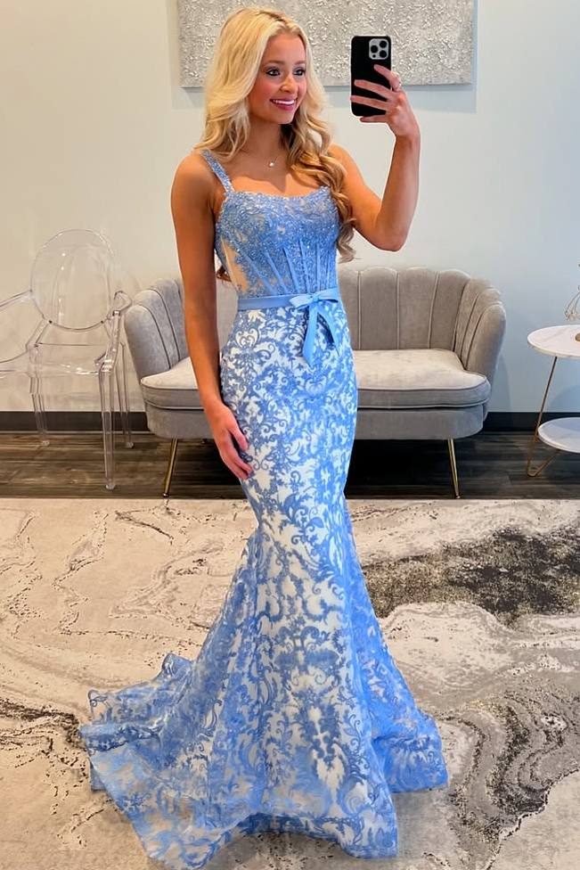 Classy Trumpet Lace Appliques Straps Long Prom Dress with Bow