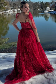 Stunning Red A-Line Empire-Waist Straps Appliques Prom Dress