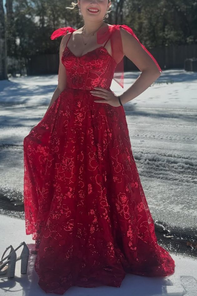 Stunning Red A-Line Empire-Waist Straps Appliques Prom Dress