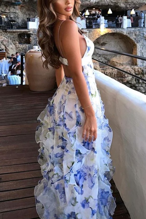 Spaghetti Straps Ruffles V-Neck Print Formal Prom Party Dress