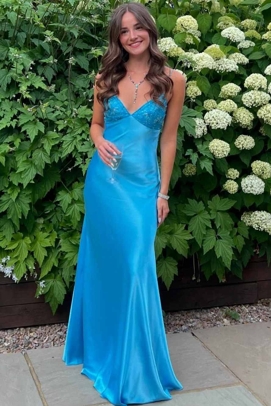 Classy Spaghetti Straps V-Neck Beads Long Prom Dress with Bow Modsele Classy Spaghetti Straps V-Neck Beads Long Prom Dress with Bow Modsele