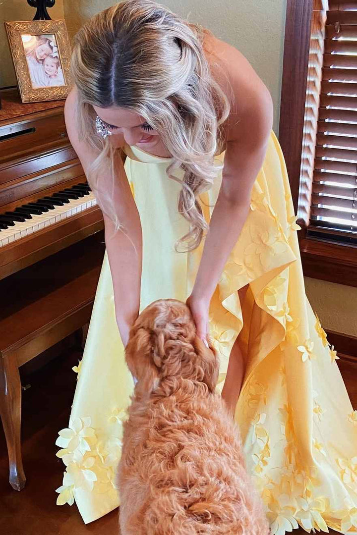 Yellow Strapless A-Line Sweetheart Appliques Prom Dress with Slit