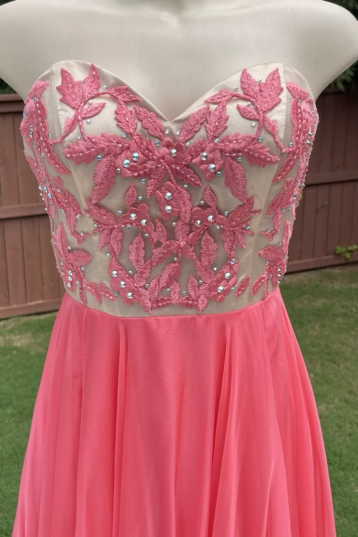 A-Line Strapless Sweetheart Beads Pleated Chiffon Long Prom Dress