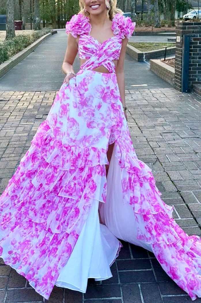 A-Line Straps Print V-Neck Empire-Waist Ruffles Prom Dress with Slit –  Modsele