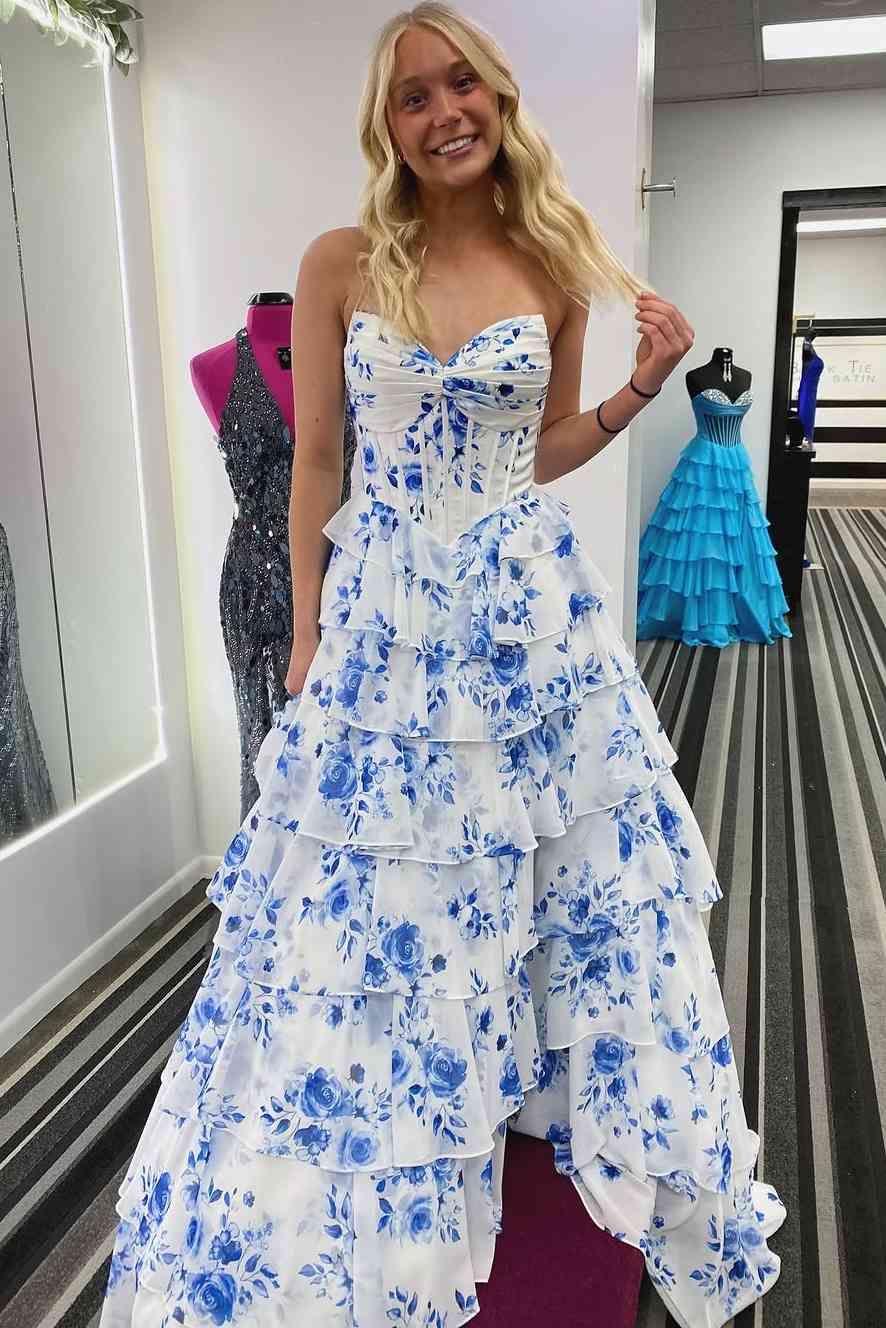 V Neck Tiered Dress Pattern Blue Strapless A-Line V-Neck Tiered Printing Long Prom Dress V Neck Tiered Dress Pattern Blue Strapless A-Line V-Neck Tiered Printing Long Prom Dress