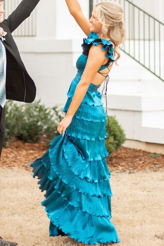 Ruffles A-Line Straps V-Neck Empire-Waist Prom Dress with Slit Modsele Ruffles A-Line Straps V-Neck Empire-Waist Prom Dress with Slit Modsele