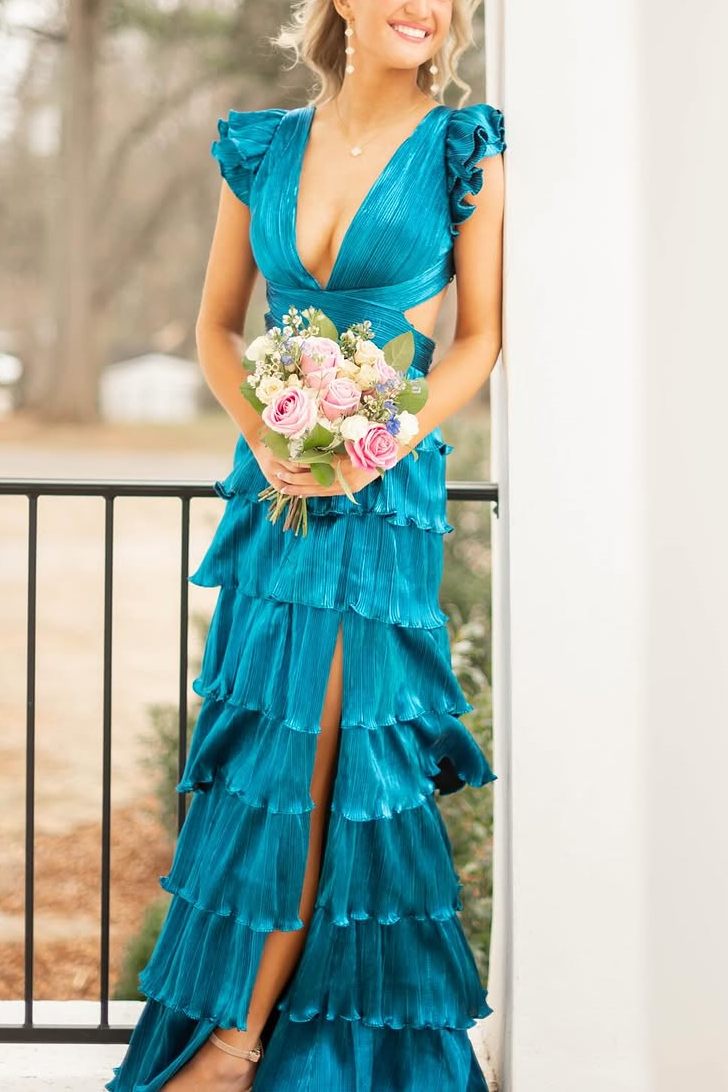 dress v neck empire waist Ruffles A-Line Straps V-Neck Empire-Waist Prom Dress with Slit – Modsele