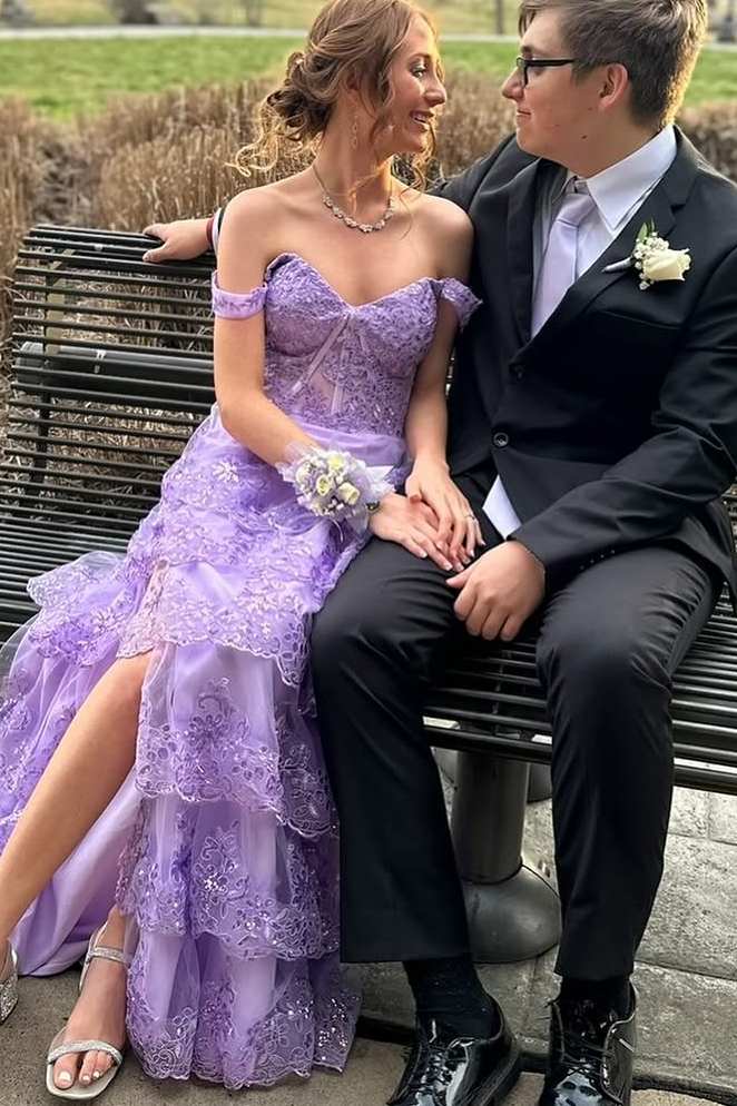 Off-Shoulder A-Line Empire-Waist Tiered Sequins Appliques Prom Dress