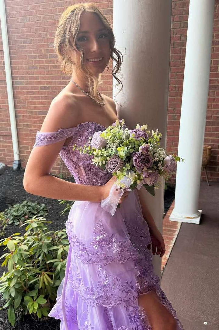 Off-Shoulder A-Line Empire-Waist Tiered Sequins Appliques Prom Dress
