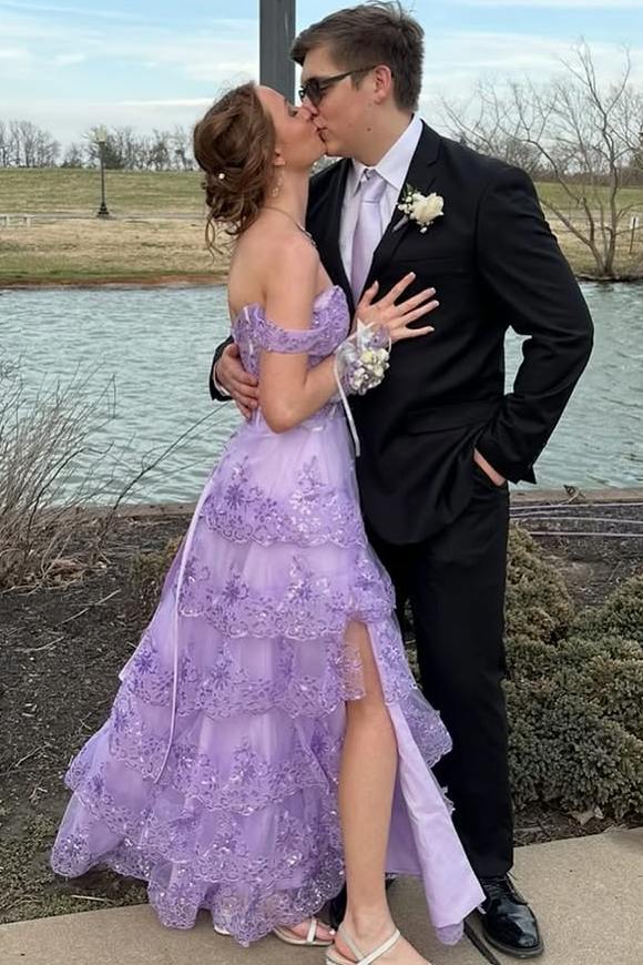 Off-Shoulder A-Line Empire-Waist Tiered Sequins Appliques Prom Dress