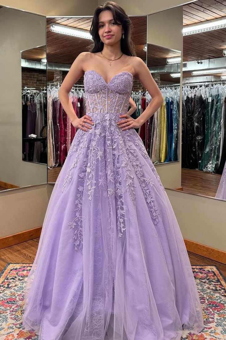 Lilac A-Line Strapless Lace Appliques Empire-Waist Tulle Long Prom Dre Modsele Lilac A-Line Strapless Lace Appliques Empire-Waist Tulle Long Prom Dre Modsele
