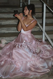 Pink A-Line Straps Scoop Empire-Waist Sleeveless Long Prom Dress