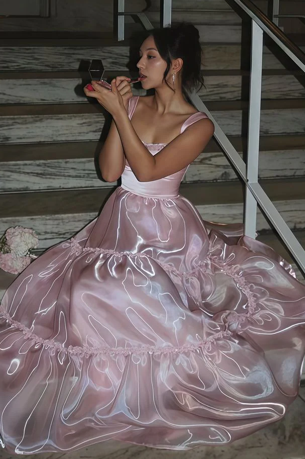 Pink A-Line Straps Scoop Empire-Waist Sleeveless Long Prom Dress