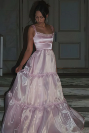 Pink A-Line Straps Scoop Empire-Waist Sleeveless Long Prom Dress