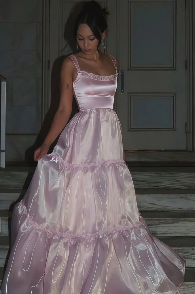 Pink A-Line Straps Scoop Empire-Waist Sleeveless Long Prom Dress