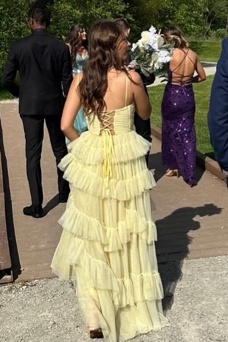 Yellow Spaghetti Straps A-Line Sleeveless Ruffle Tulle Long Prom Dress