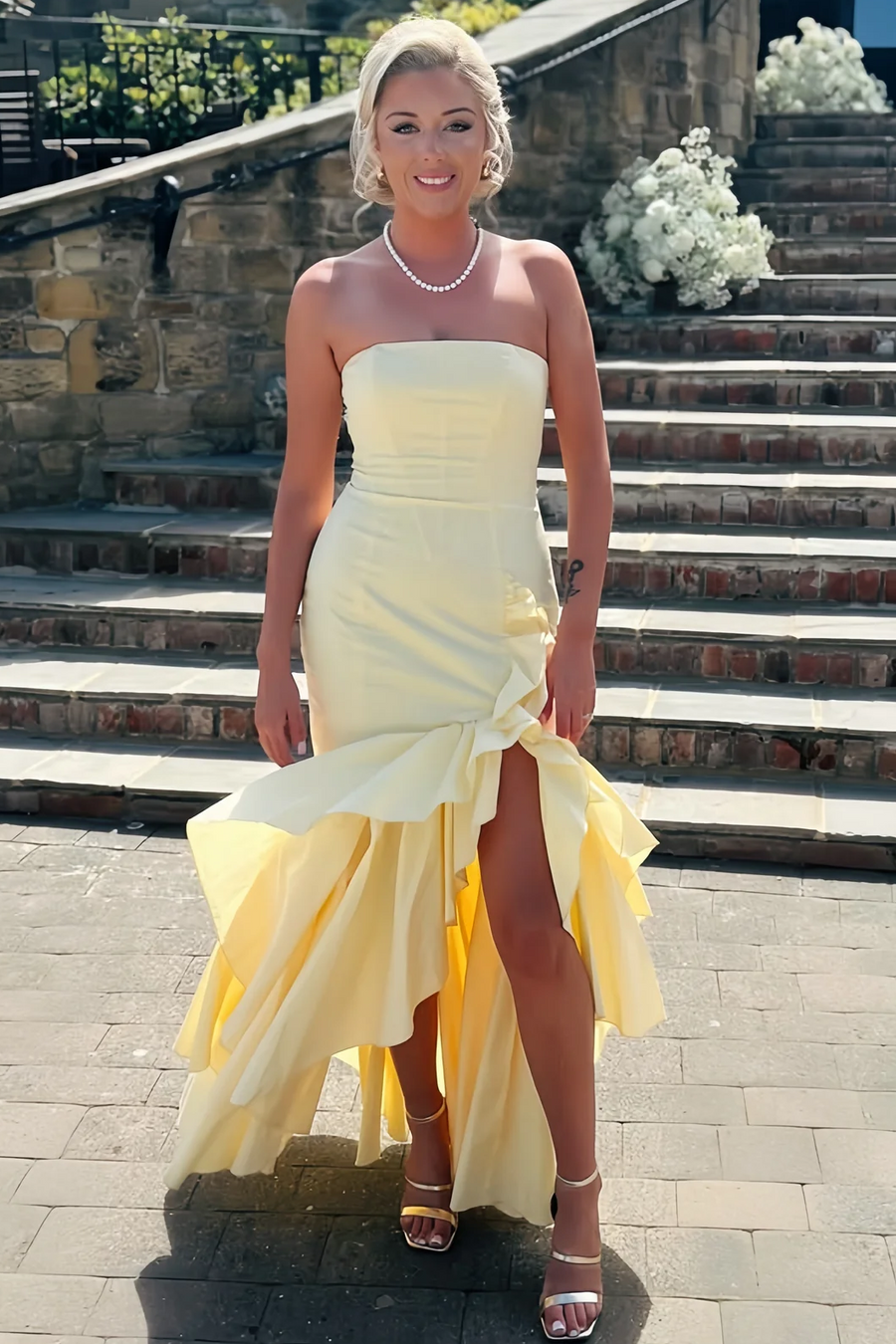 Simple Yellow Strapless Ruffle Mermaid Long Prom Formal Dress with Slit