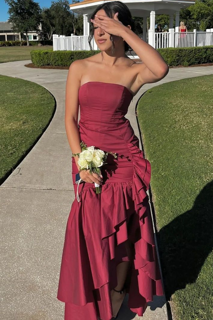 Simple Yellow Strapless Ruffle Mermaid Long Prom Formal Dress with Slit