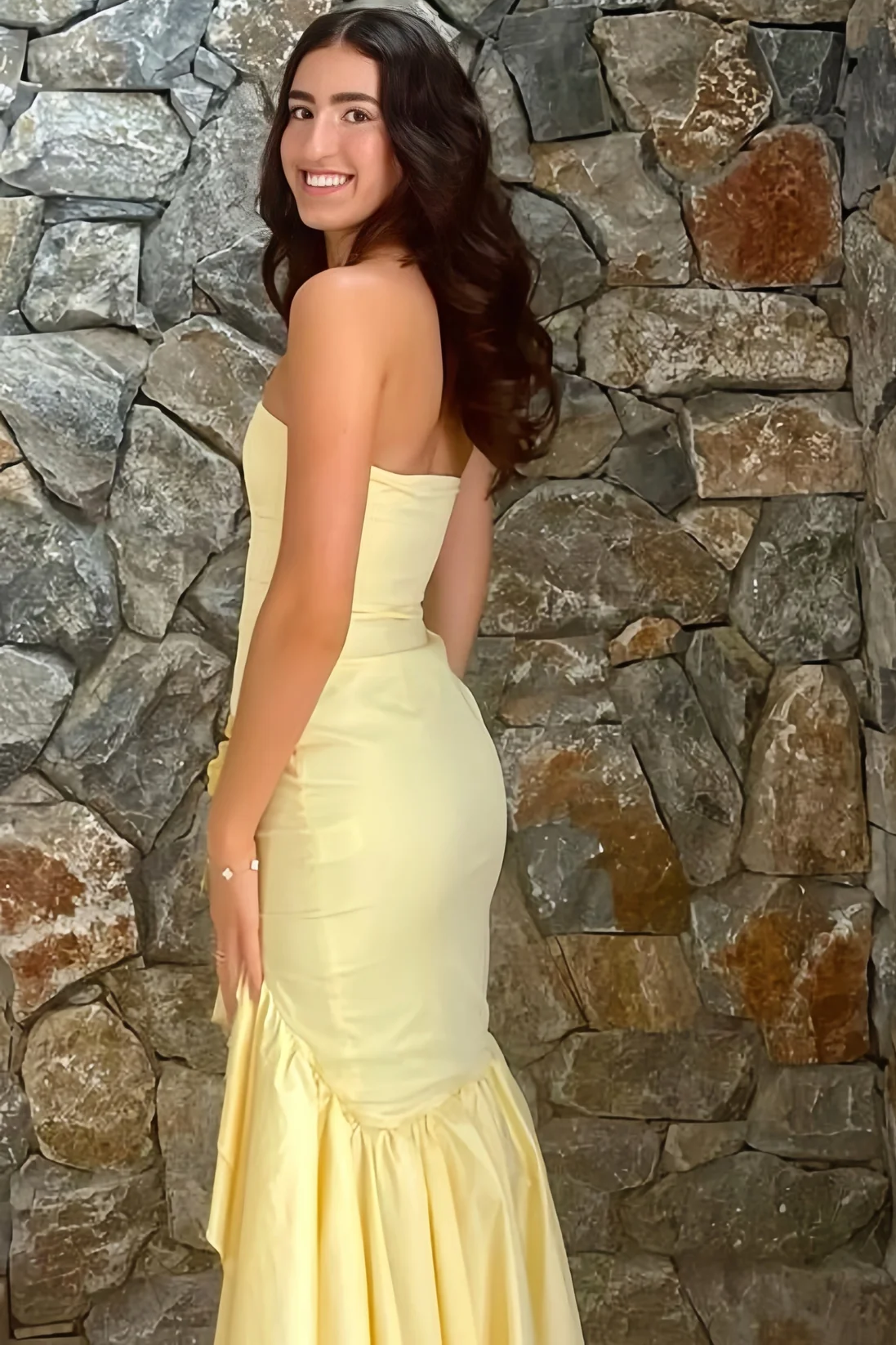 Simple Yellow Strapless Ruffle Mermaid Long Prom Formal Dress with Slit