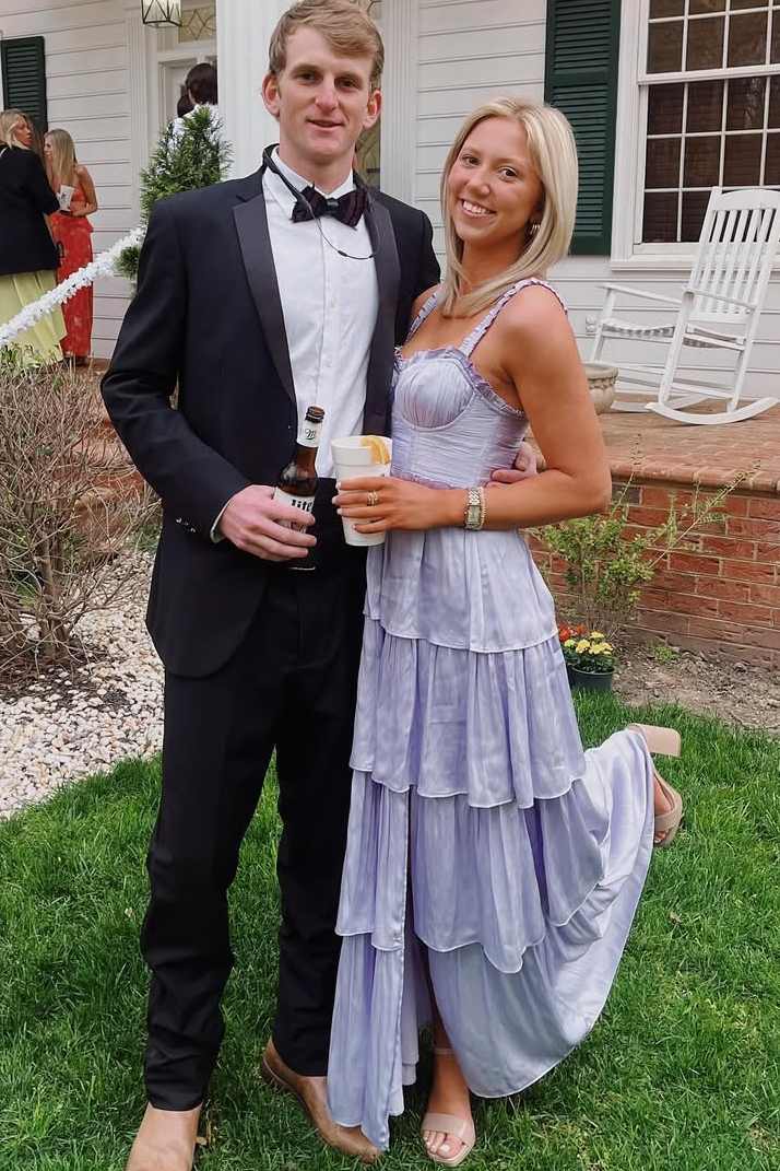 Classy A-Line Straps Tiered Satin Pleated Long Prom Formal Dress