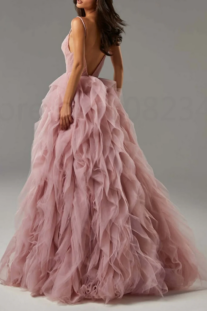 Pink Spaghetti Straps V-Neck Ruffles Tulle Empire-Waist Formal Prom Dress