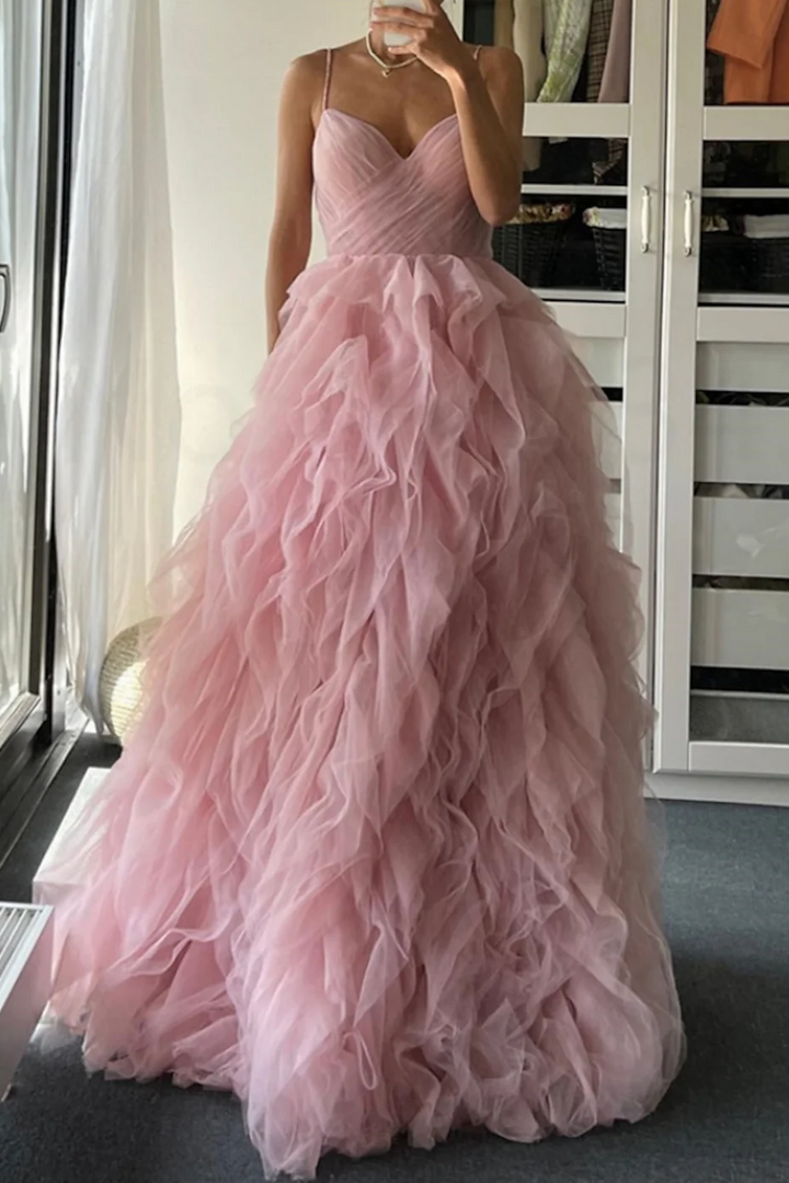 Pink Spaghetti Straps V-Neck Ruffles Tulle Empire-Waist Formal Prom Dress