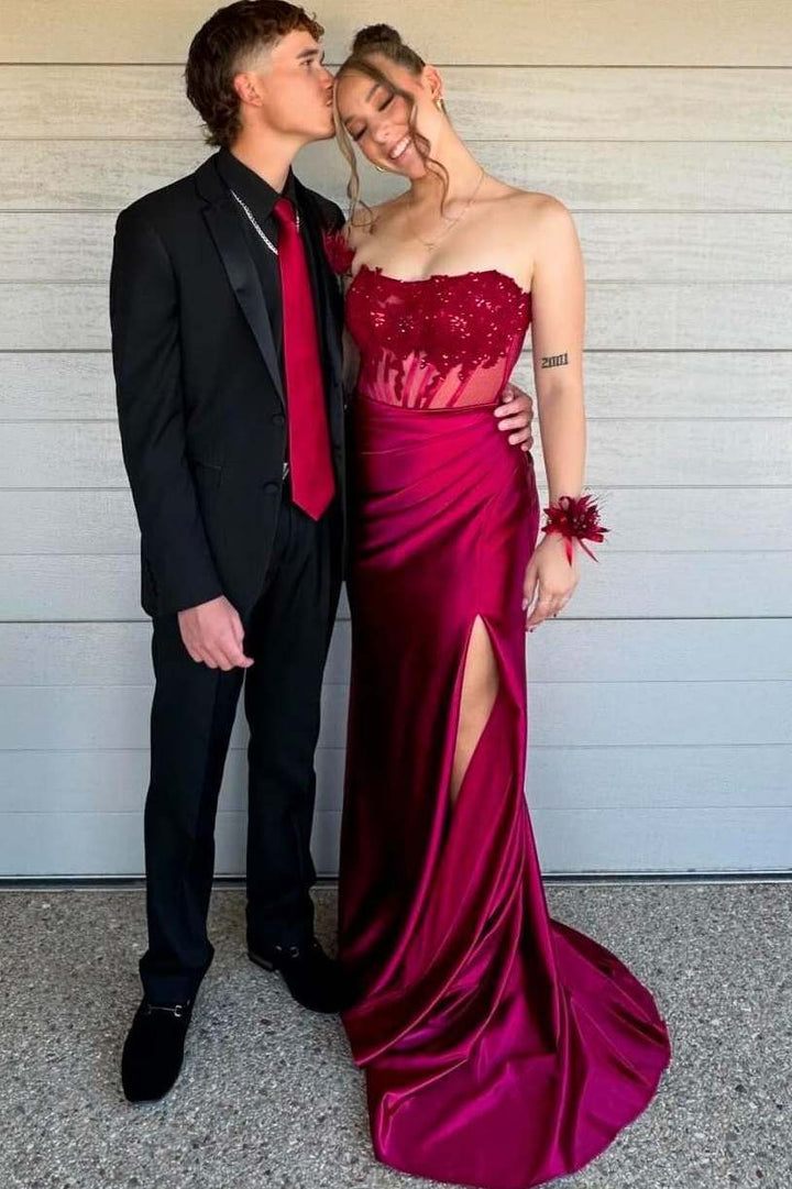 Strapless Scoop Top Appliques Mermaid Prom Dress with Side Slit
