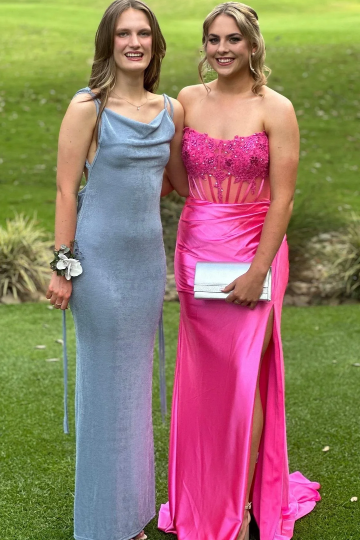 Strapless Scoop Top Appliques Mermaid Prom Dress with Side Slit