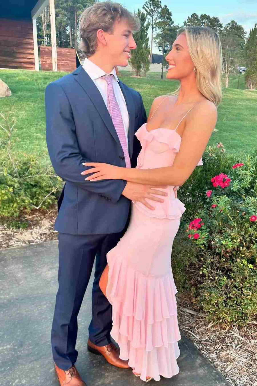 Spaghetti Straps Ruffles Chiffon Sheath Formal Prom Dress with Slit
