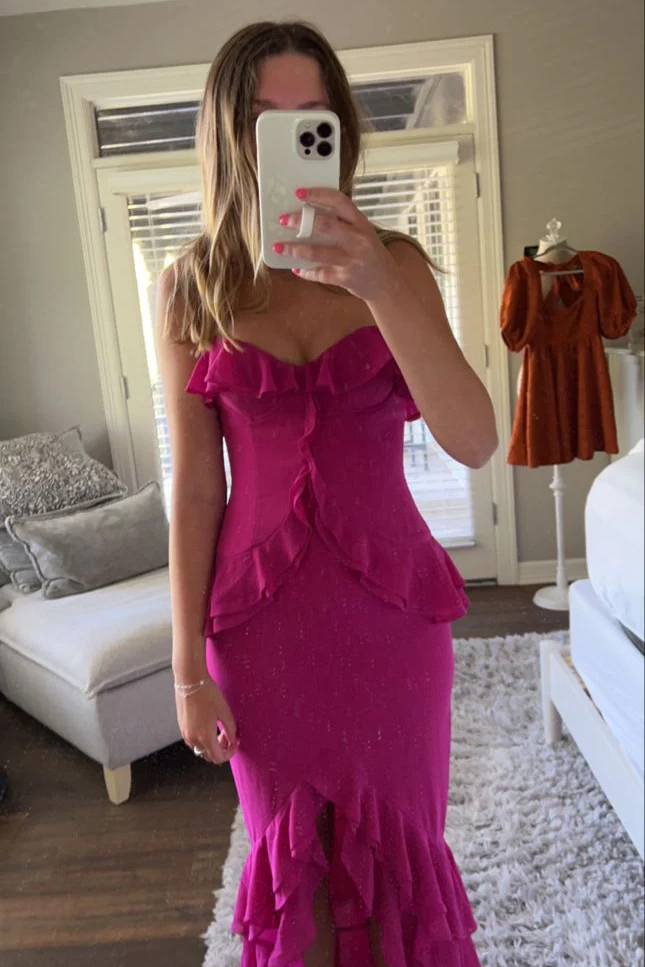 Spaghetti Straps Ruffles Chiffon Sheath Formal Prom Dress with Slit