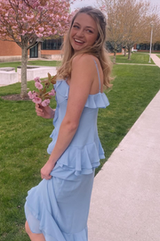 Spaghetti Straps Ruffles Chiffon Sheath Formal Prom Dress with Slit
