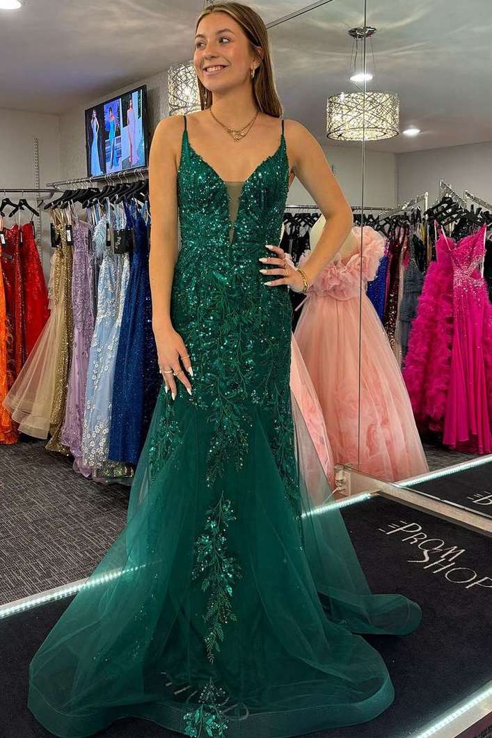 Mermaid Green Spaghetti Straps Lace Appliques Long Prom Dress
