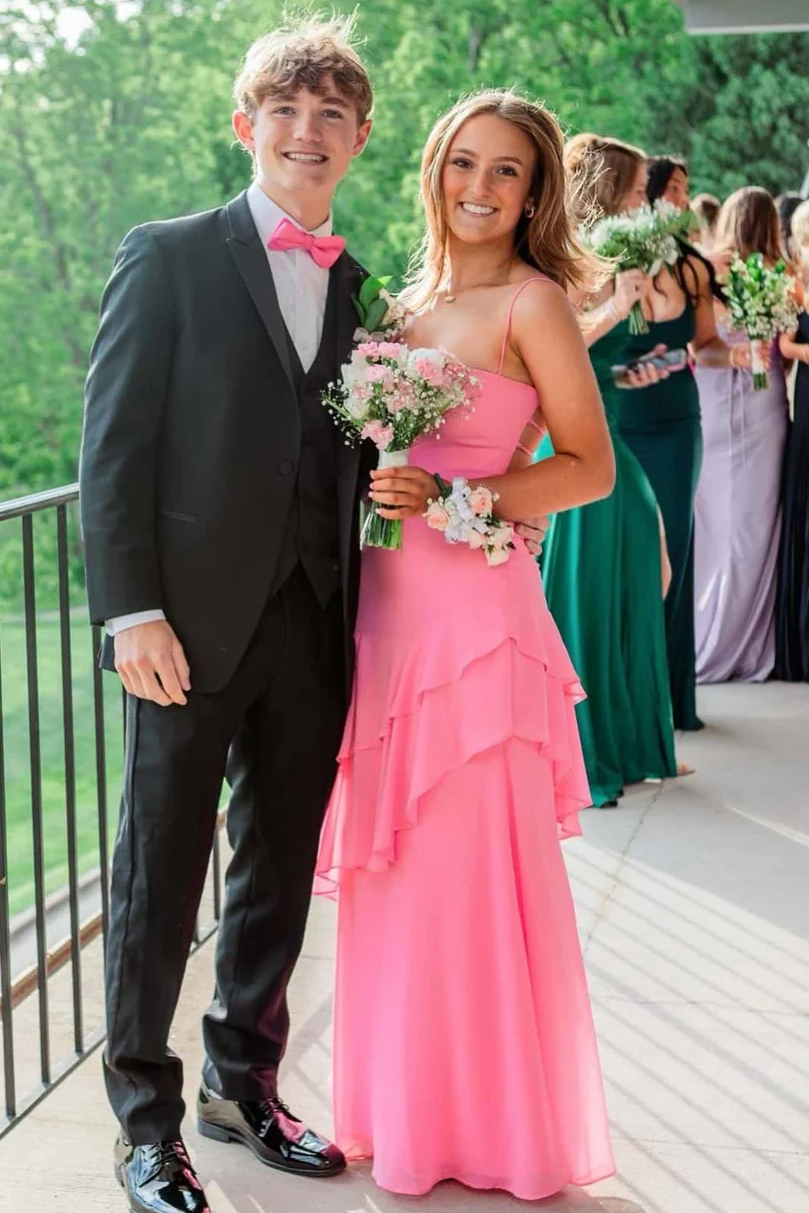 Red Spaghetti Straps Ruffles Sleeveless Lace-Up Long Prom Dress