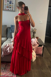 Red Spaghetti Straps Ruffles Sleeveless Lace-Up Long Prom Dress