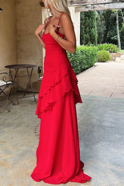 Red Spaghetti Straps Ruffles Sleeveless Lace-Up Long Prom Dress