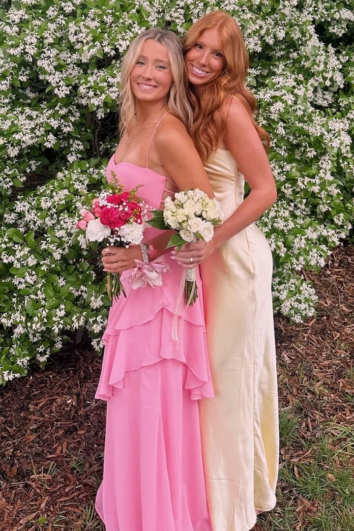 Red Spaghetti Straps Ruffles Sleeveless Lace-Up Long Prom Dress