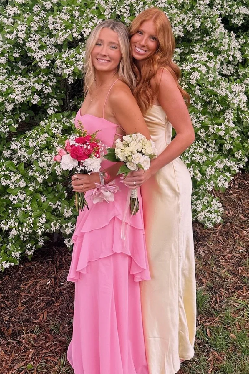 Red Spaghetti Straps Ruffles Sleeveless Lace-Up Long Prom Dress