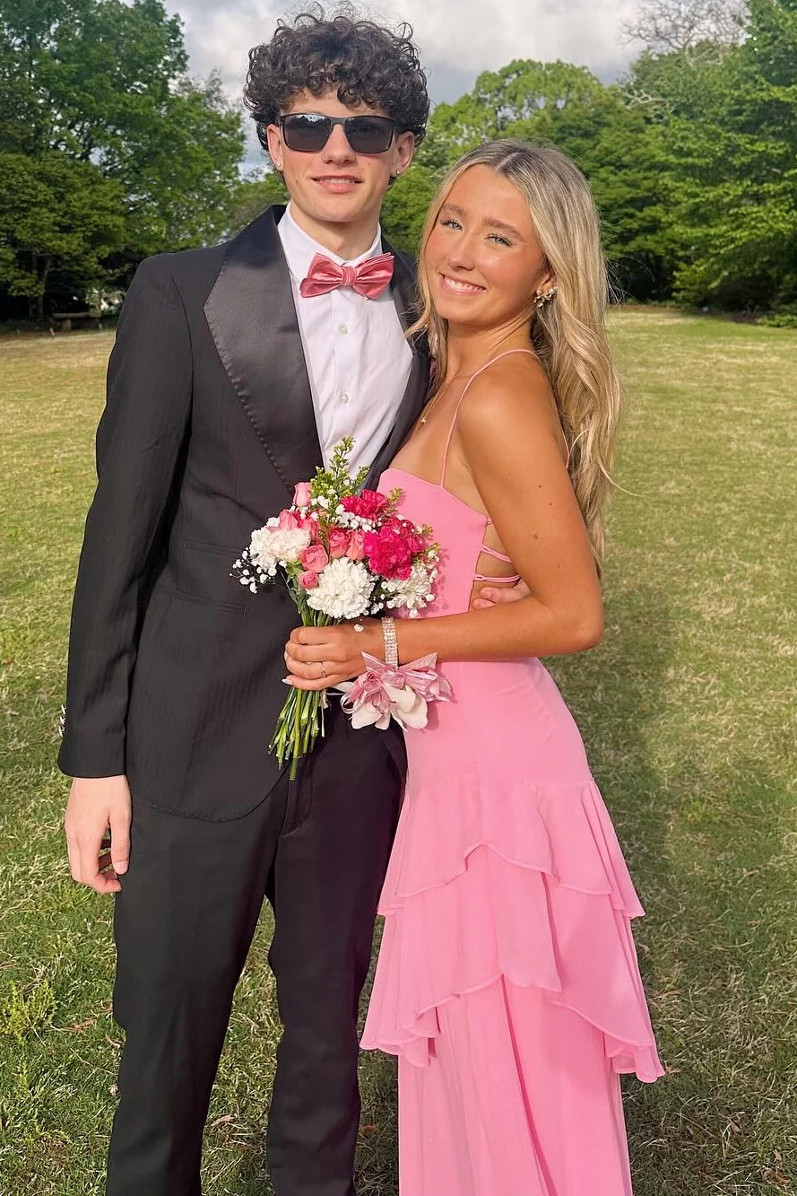 Red Spaghetti Straps Ruffles Sleeveless Lace-Up Long Prom Dress